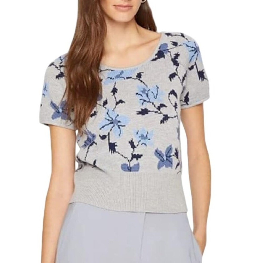 Club Monaco Women Short‎ Sleeve Floral 100% Wool Sweater Top Light Gray Blue S